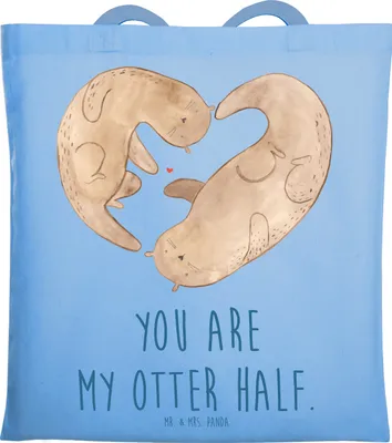 Produktbild von Mr. & Mrs. Panda Tote Bag Otter Herz - Sky Blue - Geschenk, Liebe, einkaufstasche baumwolle, Jutetasche, Laptoptasche, Schultasche, Hochzeitstag, Tasche