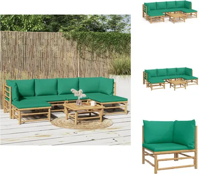 Produktbild von vidaXL 7-tlg. Garten-Lounge-Set mit Grünen Kissen Bambus -  Gartenmöbel-Sets