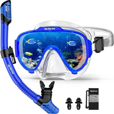 Immagine prodotto di Set snorkeling adulti occhiali subacquei antiappannamento dry snorkel blu navy