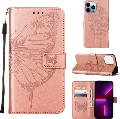 Produktbild von iPhone 13 Pro Hülle, Schmetterling Prägung Flip Leder Kartenfächer Schutzhülle Ledertasche mit Ständer für iPhone 13 Pro Roségold