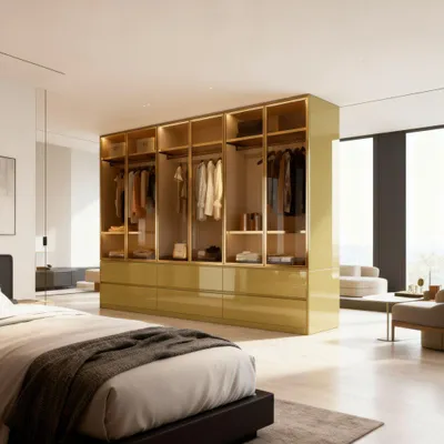 Produktbild von Kleiderschrank Luxemburg 6-Türig Glastüren mit goldfarbenen Glasrahmen Breite: 300 cm, Tiefe: 62 cm, Höhe: 218 cm, inkl. Zubehör Farbe: Olive Hochgla