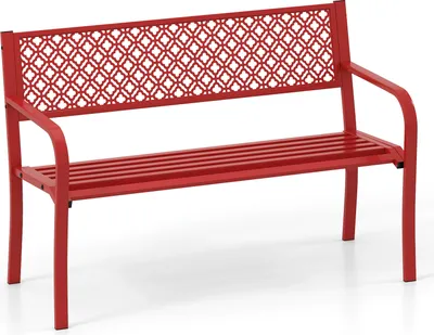 A red metal garden bench with a decorative backrest is shown against a white background.