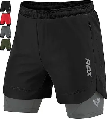 Produktbild von RDX Herren Laufshorts, 2-in-1 Sportliche Atmungsaktive Kurze Kompressionshose, 2 Reißverschluss- und 2 Handytaschen, Leicht