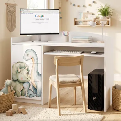 Produktbild von Kinderschreibtisch Schülerschreibtisch Weiß mit Schrank und Schublade | Lerntisch für Mädchen & Jungen | Tolles Design mit Motiv