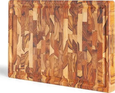 Produktbild von Unyqoos® Teakholz Schneidebrett (Stirnholz) 44×29 cm, 3,2 cm dick – mit Saftrille, ideal zum Schneiden & Servieren von Fleisch, Käse und Brot