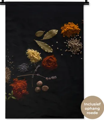 Produktbild von MuchoWow® Wandteppich Wandbehang Kräuter - Schwarz - Gewürze - Küche - Kochen 60x90 cm Tapisserie Dekoration Wandtuch - Foto-Teppich - Abwaschbar