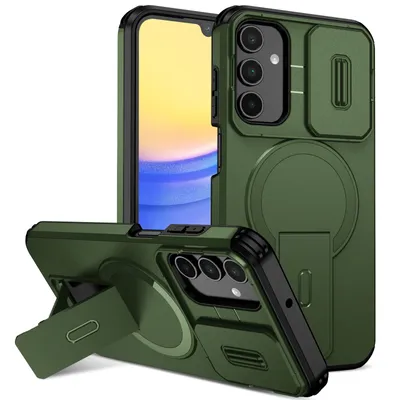Produktbild von Magnetisch Hülle für Samsung Galaxy A15 5G/4G, Dual Layer Stoßfest Handyhülle mit Dia Kameraschutz, Verstellbarem Ständer Grün