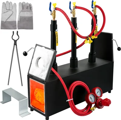 Produktbild von VEVOR Gas schmiedeofen 1350 °C, Brenner Schmiede 15 L, Schmiedeofen drei Brenner Zweitürig Auskleidung mit Aluminiumsilikatfaser, Metallschmiede Max. Leistung 230,4 kWh / 786.000 BTU, Gasdruckregler