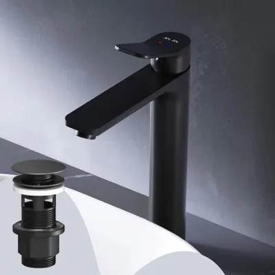 Produktbild von AM.PM Badarmatur Hoch Pop-Up Ablaufventil für Waschbecken Wasserhahn Bad Schwarz Waschtischarmatur mit Ablaufgarnitur 1 1/4 Zoll Messing Ventil Ablauf