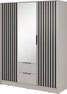 Produktbild von Schlafzimmerschrank mit Spiegel 155 x 200 x 51 cm JOHN 3D (Kaschmir), 3 drehbare Türen und 2 Schubladen, Latten aus Holz, Industrieller Stil, Stauraum (Spannstange) mit Regalen