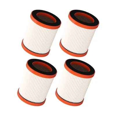 Four vacuum cleaner filters are arranged in a diagonal grid formation against a white background.