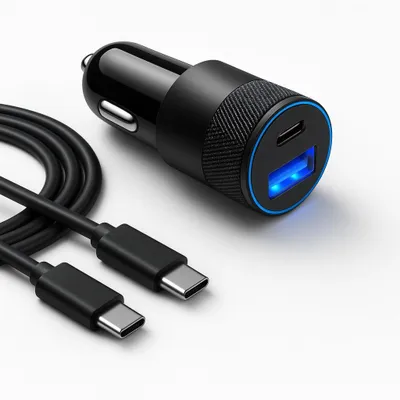 Produktbild von Zigarettenanzünder KFZ Ladegerät USB C und USB A 15W inkl. USB C zu USB C Schnellladekabel für iPhone 15 16 Pro Max Samsung Galaxy Google Pixel etc.