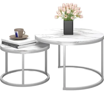 Zdjęcie produktu dla Stolik kawowy okrągły, imitacja marmuru, biały, srebrny, zestaw 2 sztuk: 70x70x45 cm i 50x50x35 cm