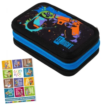 Produktbild von Goldkids - Federmäppchen 3 Fächer - Mäppchen für Mädchen und Jungen - Federmappe 3-Fach Federtasche Gefüllte Schüleretui und Hausaufgabenheft - Game
