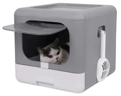 Image de Litière pour chat avec couvercle - Litière fermée - Entrée par le haut et par l'avant - Tiroir coulissant - Facile à nettoyer avec une pelle - Pour les chats jusqu'à 6 kg - Gris/Blanc