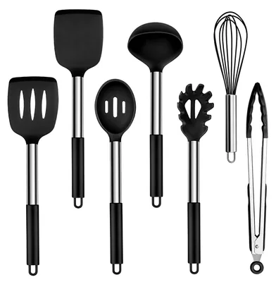 7-teiliges Silikon-Küchenhelfer-Set, schwarz, Edelstahlgriff