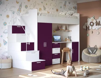 Produktbild von Etagenbett TOMI 4s, Hochglanz Kinderbett Hochbett, OHNE Matraze und Lattenrost (Weiss + Violett, Glanz)