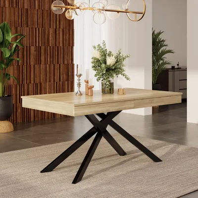 Immagine prodotto di Tavolo da pranzo allungabile, dimensioni 140–180 × 80 cm, piano in MDF spesso 93 mm, gambe in metallo a forma di croce, capacità di carico fino a 60 kg, finitura in legno di quercia, adatto per 6-8 persone