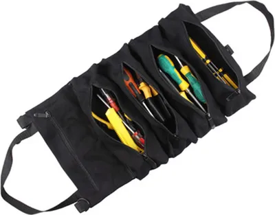 Imagen del producto de Bolsa enrollable de lona, estuche multiusos para herramientas, organizador de herramientas con 5 bolsillos con cremallera, bolsa de transporte para guardar llaves, vasos, destornilladores en el coche o la motocicleta