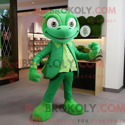Productafbeelding van Mascot REDBROKOLY karakter van een groene jongleur gekleed met een coltrui en pochetten