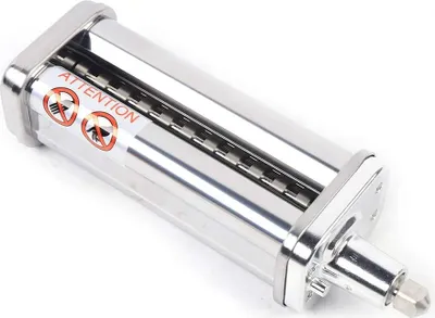 A close-up studio shot of a stainless steel pasta roller attachment for a kitchen mixer.