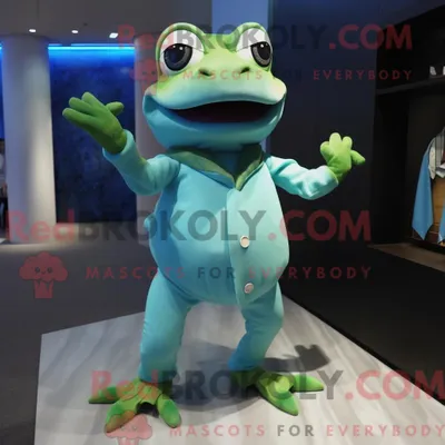 Obrázek produktu pro Maskot REDBROKOLY postava azurové žáby oblečená s Henley tričkem a pásy
