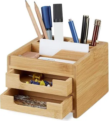 Produktbild von Famanu Stiftehalter mit Schubladen - Büro Organizer aus Bambus 9,5 x 12,5 x 15 cm