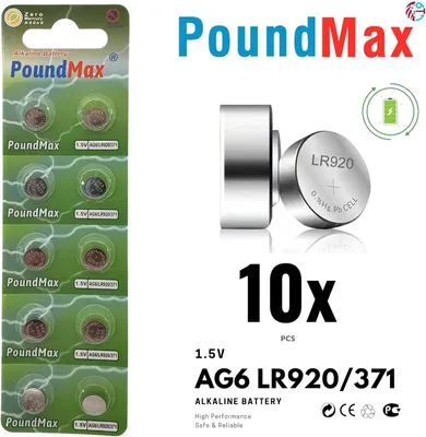 Immagine prodotto di 10 batterie alcaline a bottone PoundMax AG6 / per orologi SR920SW, LR920, LR69, SR 920 1,5 V