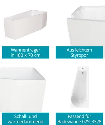 Produktbild von Calmwaters® Wannenträger 160 x 70 cm Essential Small, Passend für Eck-Badewanne 160x70 cm, Linke Ausführung, Styroporträger, Schall- und wärmedämmend, Direkt verfliesbar, Weiß, 03AX4977