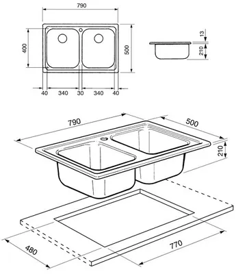 Zdjęcie produktu dla Smeg SP792-2, Podtynkowy montaż zlewu, Prostokątny, Stal nierdzewna, Stal nierdzewna, 2 mis(y), 340 x 400 mm