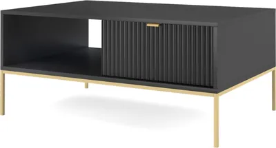 Image de Table basse 100 cm Galla - Table basse avec tiroir - Table d'appoint avec structure métallique, façades cannelées et poignées dorées (noir + or)
