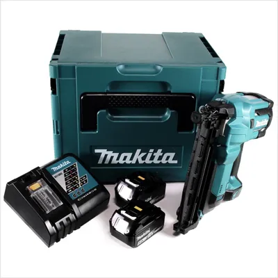 A Makita cordless nail gun kit with a storage case, charger, and two batteries.