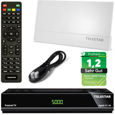 Produktbild von Telestar DVB-T2 Receiver + 3 Monate Freenet GRATIS + DVB-T Zimmerantenne +45 dbi + HDMI Kabel, HDTV, HD USB Mediaplayer, HDMI (Hybrid Receiver für DVB-T2 und Kabel TV)