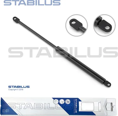 A gas strut for a vehicle, with close-up views of its mounting ends, presented on a white background with branding and packaging.