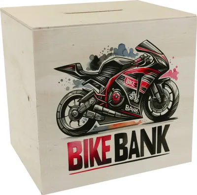 Produktbild von Rennmotorrad Spardose aus Holz mit Spruch Bike Bank