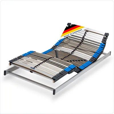 A slatted bed base is shown on a white background.