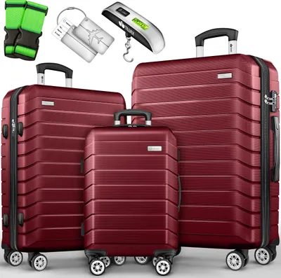 Produktbild von tillvex® Reisekoffer Set 3-TLG. + Gepäckwaage, 6X Koffergurte & 3X Kofferanhänger | Kofferset 4 Rollen | Trolley Gepäck Koffer TSA Schloss | Rollkoffer Hartschalenkofferset S-M-L-XL (Rot)