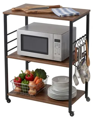 Produktbild von Relaxdays Küchenrollwagen, 3 Ablagen, 6 S-Haken, HxBxT: 89x60x40 cm, MDF & Stahl, Industrial Servierwagen, braun/schwarz