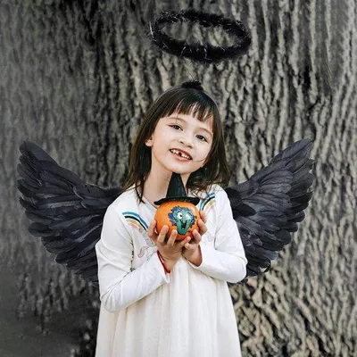 Image de Ailes d'ange noires de 60 cm avec auréole pour déguisement de femmes et de filles