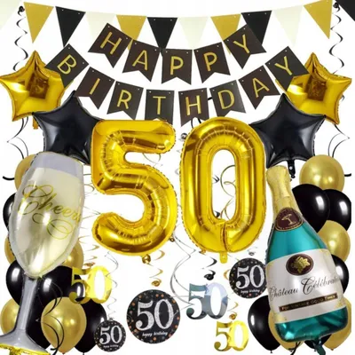 Immagine prodotto di Set di decorazioni - Palloncini - 50° compleanno - Oro e nero - Tenda - Parete - Festa - XL