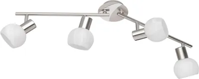 A four-light ceiling spotlight fixture with a silver finish and white glass shades, presented against a white background.
