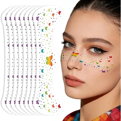 Productafbeelding van 8 stuks glinsterende zomerse vlekjes gezichtstickers - motief: vlinder, zelfklevend - festivalversieringen voor het gezicht en make-upstickers