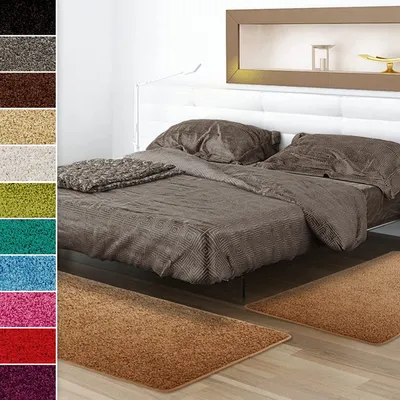 A bedroom scene with a bed and multiple color swatches of rugs.
