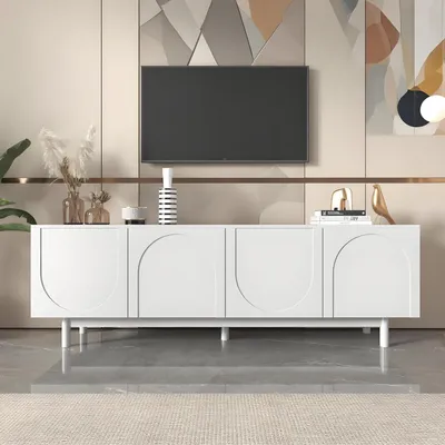 Image de Meuble TV de 175 cm de hauteur, blanc, avec 4 pieds et étagères réglables