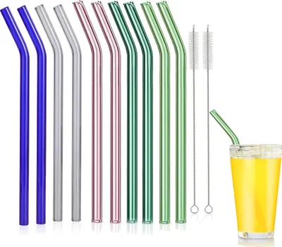 Produktbild von 10er-Pack wiederverwendbare Glasstrohhalme, gebogene Trinkhalme aus Glas mit 2 Reinigungsbürsten, für Smoothies, Milchshakes und Säfte