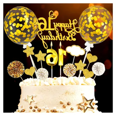 Produktbild von Zahlenkerzen für den 16. Geburtstag, Tortendekoration mit Happy Birthday, Cake Topper mit Sternen, Luftballons und Papierfächern
