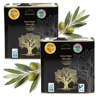 Produktbild von Olivenöle 2x2 L - Unfiltriert - Fruchtiger Geschmack - Kaltgepresst - EV BLACK - Natives Olivenöl Extra - goldene Farbe - Pelion Amfissa Oliven