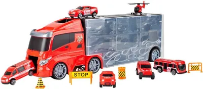 Immagine prodotto di Malplay vigili del fuoco giocattolo trasporto camion auto con 5 auto e elicottero lunghezza 40 cm da 3 anni regalo per bambini