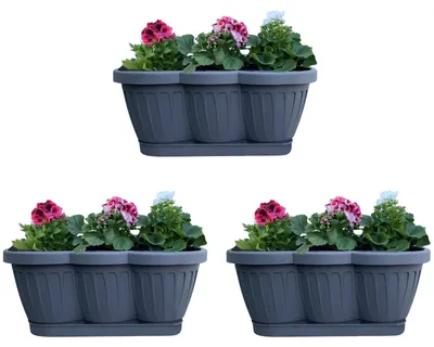 Image de set de 3 bacs à fleurs de 40 cm Bac à plantes de balcon Anthracite au design ondulé, y compris soucoupes d'arrosage assorties