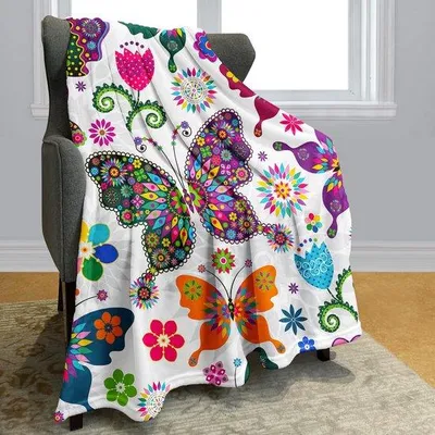 Zdjęcie produktu dla Koc Unyqoos® z polaru flanelowego, 150 x 200 cm – bardzo miękki, wszechstronny, idealny jako koc do przytulania i jako narzuta, kolorowy wzór motyli